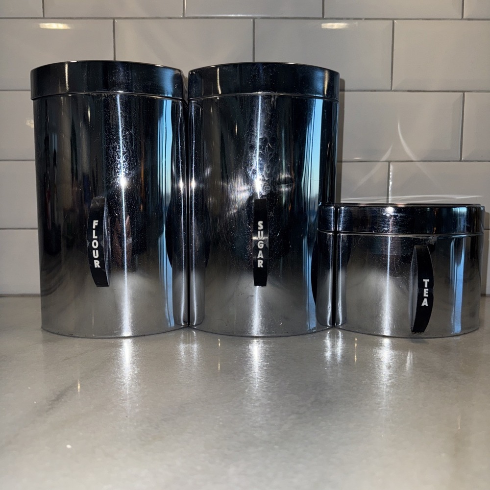 mcm vintage Kromex Kitchen Canister Set Of 3 Flour Sugar Tea GW009